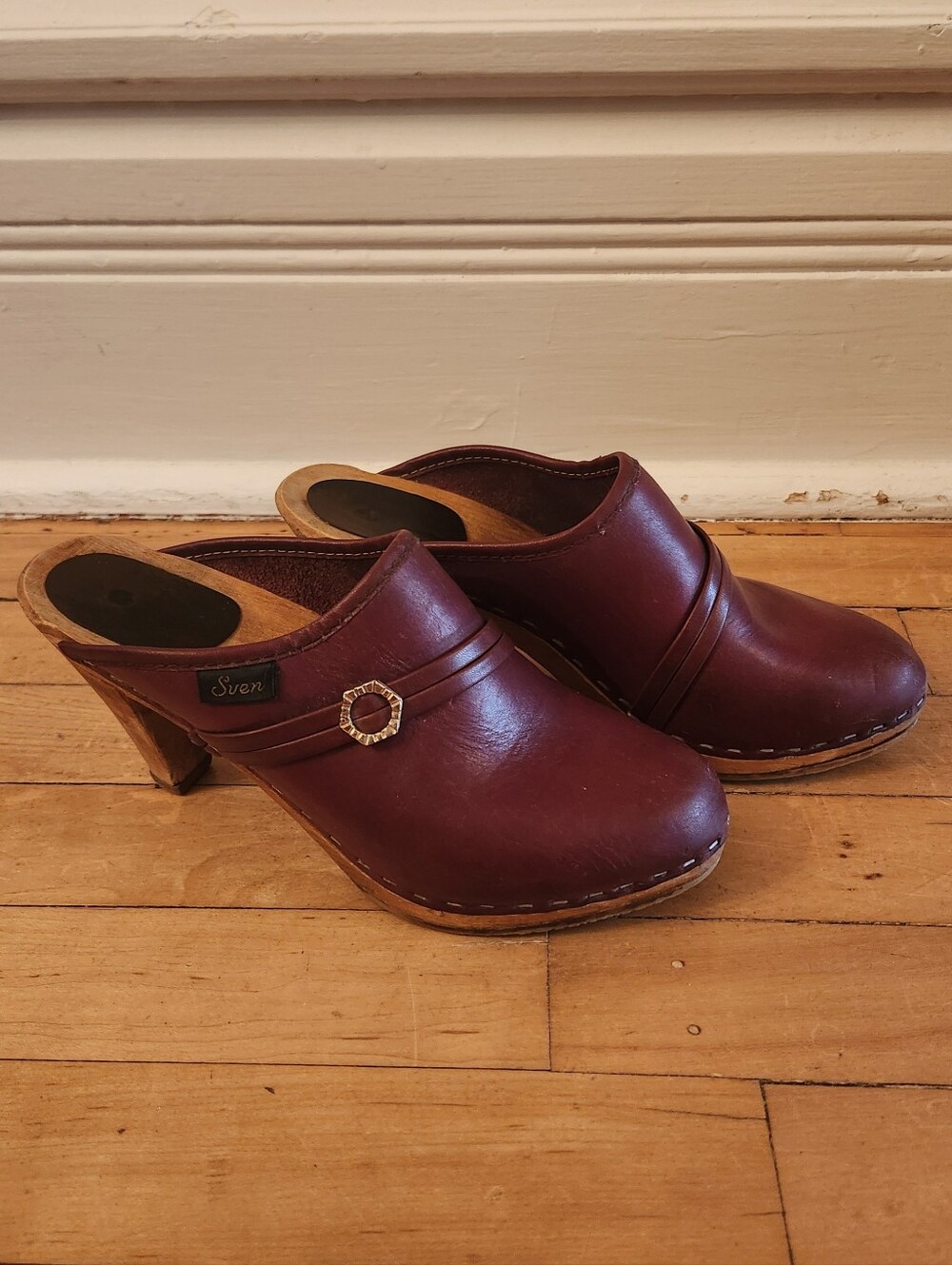 Vintage Sven Oxblood Red Leather Wooden High Heel Clogs, With Flaws